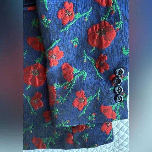 Navy Men's Print Blazer with Red Poppy Print 38R